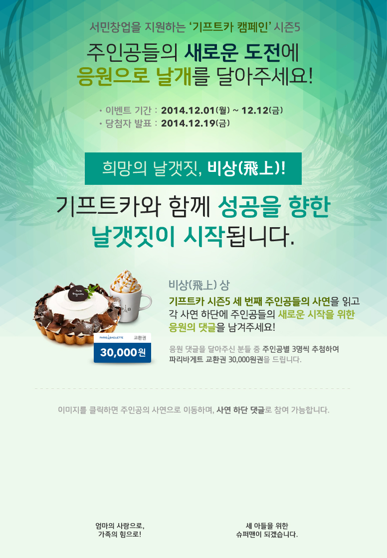 서민창업을 지원하는 기프트카 캠페인 시즌5 / 주인공들의 새로운 도전에 응원으로 날개를 달아주세요! / 이벤트 기간 : 2014.12.01(월) ~ 12.12(금) / 당첨자 발표 : 2014.12.19(금) / 희망의 날갯짓, 비상(飛上)! 기프트카와 함께 성공을 향한 날갯짓이 시작됩니다. /  비상(飛上)상 기프트카 시즌5 세 번째 주인공들의 사연을 읽고 각 사연 하단에 주인공들의 새로운 시작을 위한 응원의 댓글을 남겨주세요! 응원 댓글을 달아주신 분들 중 주인공별 3명씩 추첨하여 파리바게트 교환권 30,000원권을 드립니다. 이미지를 클릭하면 주인공의 사연으로 이동하며, 사연 하단 댓글로 참여 가능합니다. / [황병미 씨] 엄마의 사랑으로, 가족의 힘으로! / [박수길 씨] 세 아들을 위한 슈퍼맨이 되겠습니다.