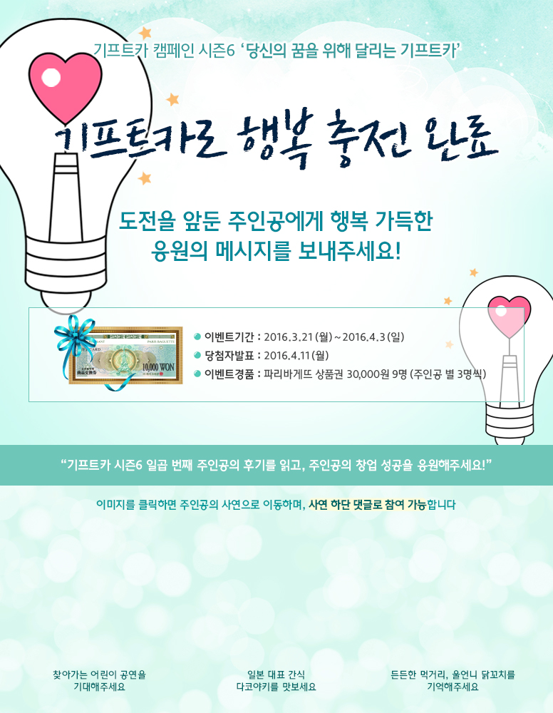 기프트카 캠페인 시즌6 당신의 꿈을 위해 달리는 기프트카 /기프트카로 행복 충전 완료/도전을 앞둔 주인공에게 행복 가득한 응원의 메세지를 보내주세요!/ 이벤트 기간 : 2016.03.21(월) ~ 2016.04.03(일) / 당첨자 발표 : 2016.04.11(월) / 이벤트 경품 : 파리바게뜨 상품권 30,000원 9명(주인공 별 3명씩) / 기프트카 시즌6 일곱 번째 주인공의 사연을 읽고, 주인공들의 창업 성공을 응원해주세요! / 이미지를 클릭하면 주인공의 사연으로 이동하며, 사연 하단 댓글로 참여 가능합니다. / [조미선 씨] 찾아가는 어린이 공연을 기대해주세요 / [하시모또 지에꼬 씨] 일본 대표 간식 다코야키를 맛보세요 / [배영미 씨] 든든한 먹거리, 울언니 닭꼬치를 기억해주세요