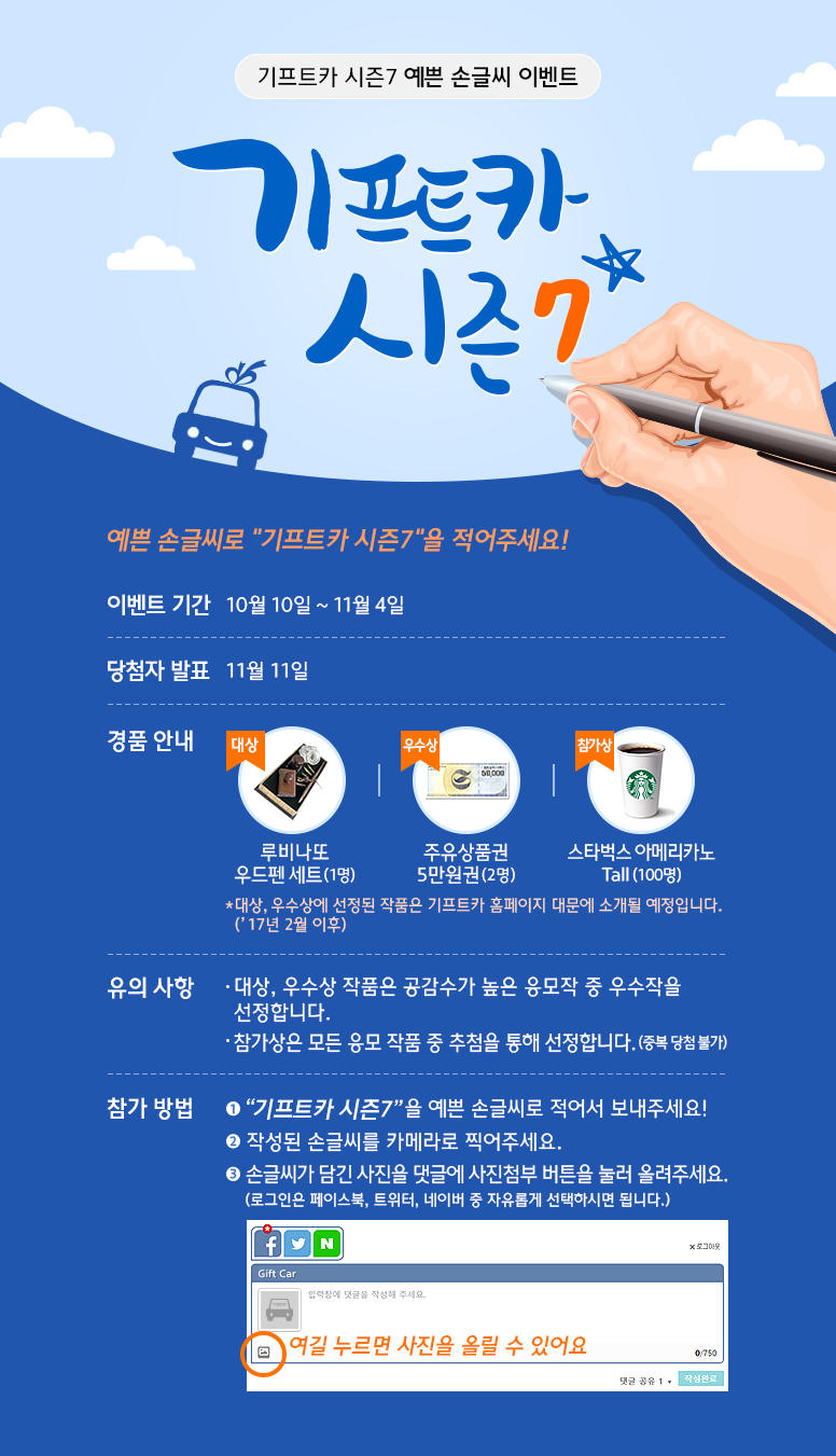 기프트카 시즌7 예쁜 손글씨 이벤트 / 예쁜 손글씨로 '기프트카 시즌7'을 적어주세요! / 이벤트 기간 : 10월 10일 ~ 11월 4일 / 당첨자 발표 : 11월 11일 / 경품 안내 : 대상 - 루비나또 우드펜 세트(1명), 우수상 - 주유상품권 5만원권(2명), 참가상 - 스타벅스 아메리카노 Tall(100명) ※대상, 우수상에 선정된 작품은 기프트카 홈페이지 대문에 소개될 예정입니다.(2017년 2월 이후) / 유의 사항 : 대상, 우수상 작품은 공감수가 높은 응모작 중 우수작을 선정합니다. 참가상은 모든 응모 작품 중 추첨을 통해 선정합니다.(중복 당첨 불가) / 참가 방법 : ① '기프트카 시즌7'을 예쁜 손글씨로 적어서 보내주세요! ② 작성된 손글씨를 카메라로 찍어주세요. ③ 손글씨가 담긴 사진을 댓글에 사진첨부 버튼을 눌러 올려주세요.(로그인은 페이스북, 트위터, 네이버 중 자유롭게 선택하시면 됩니다.)